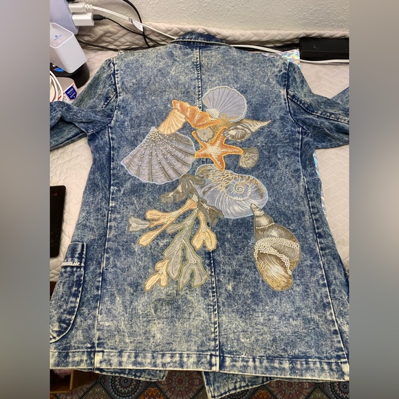 VTG Cool Blues Acid Wash Denim Pearl Embroidered Blazer Jacket Coastal Cowgirl M - Picture 13 of 16